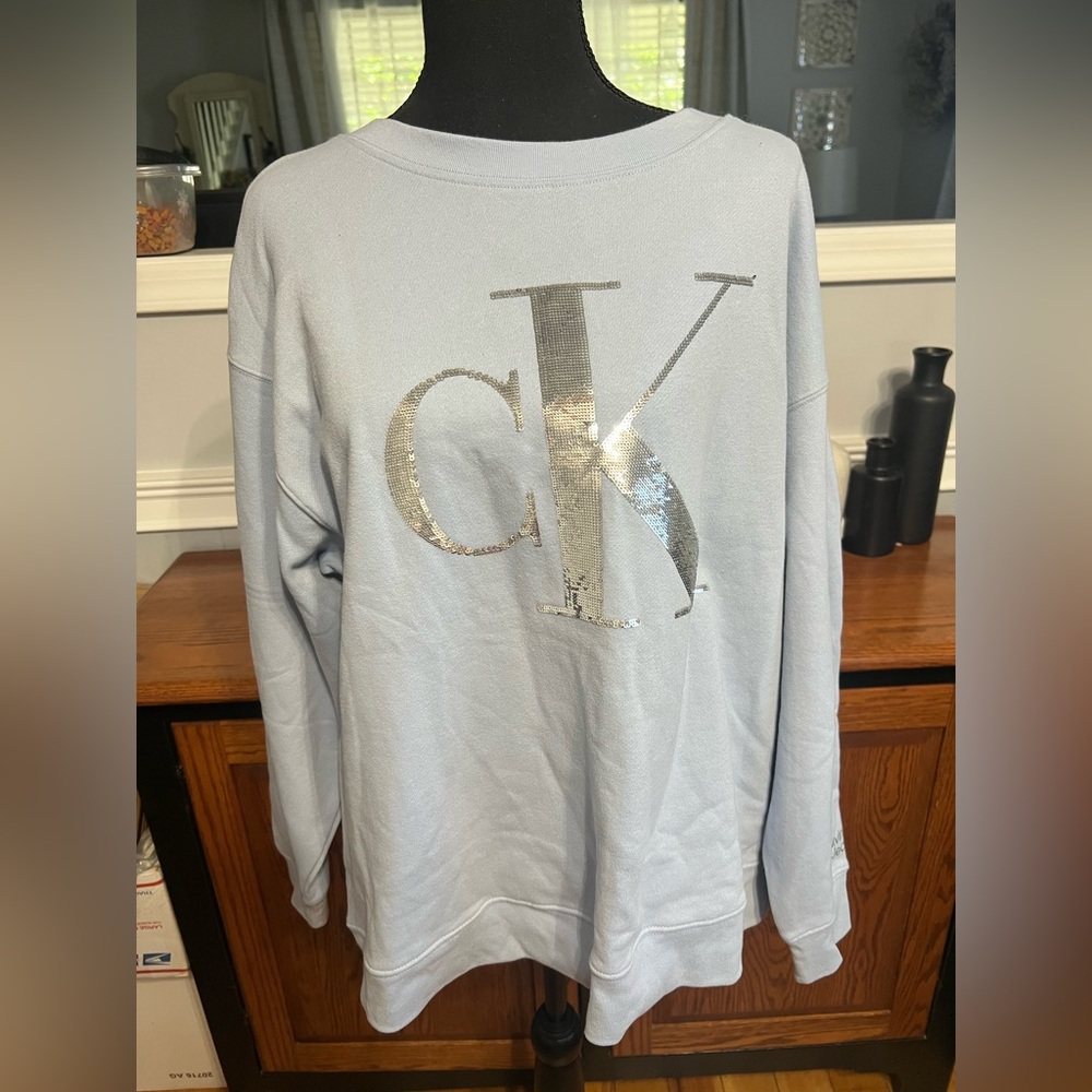 Calvin Klein Women’s Light Blue Sweatshirt with Silver Logo NWT